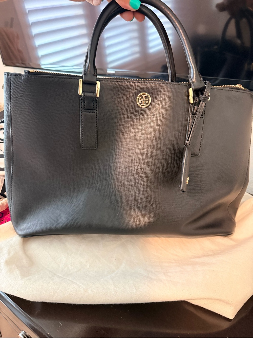 Tory Burch Black Saffiano Leather Tote with Gold Hardware